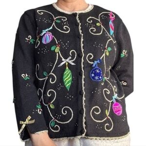 Studio Joy Vintage Black Christmas Embroidered Knit Cardigan Sweater Small